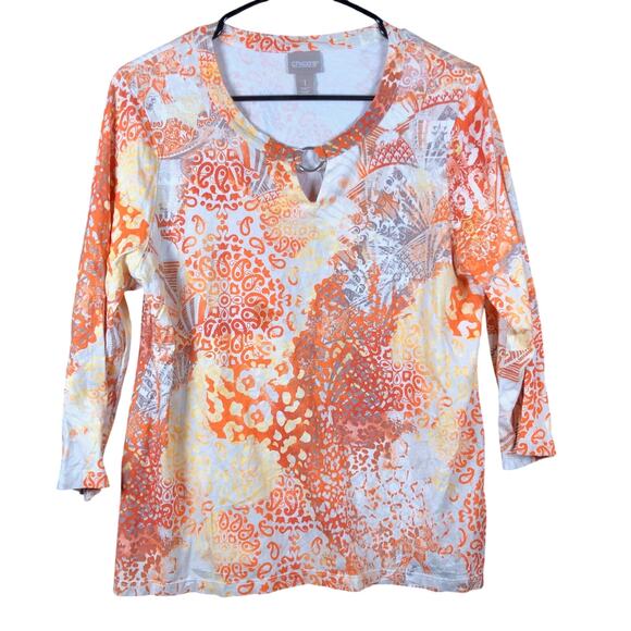 Chicos Womens Blouse Multicolored Paisley 3/4 Sleeve Front Key Hole 1 (M) - Picture 1 of 11